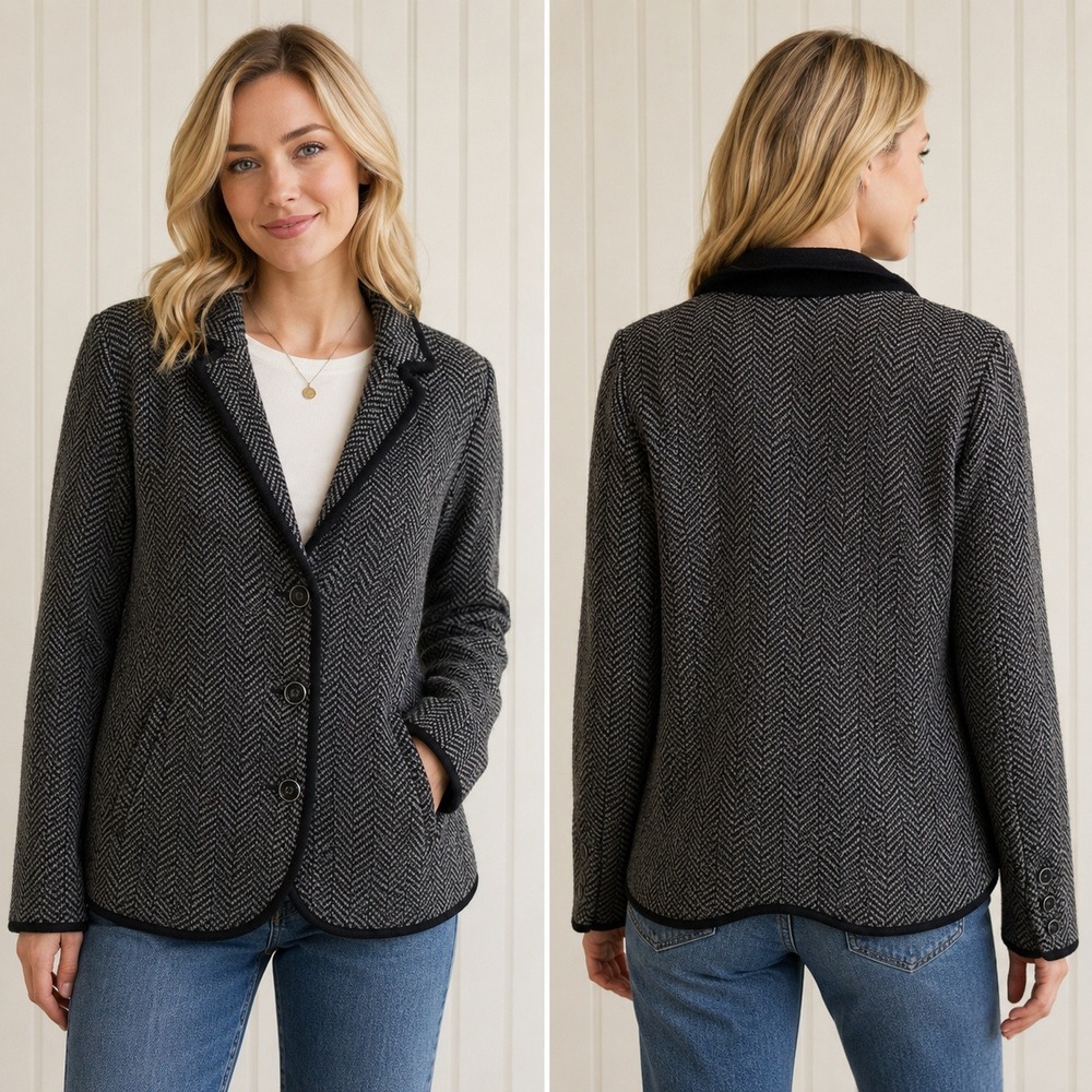 Talbots Merino Wool Herringbone Blazer Cardigan Black White Petite Large